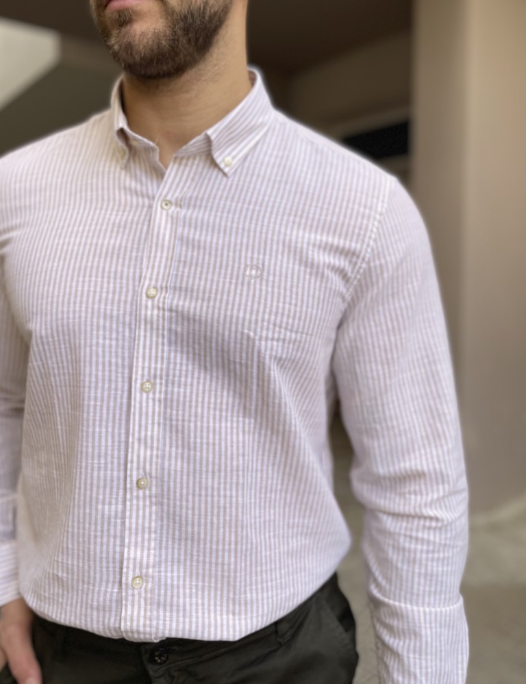 Ανδρικό μπεζ ριγέ πουκάμισο με γιακά 1564B φωτογραφία